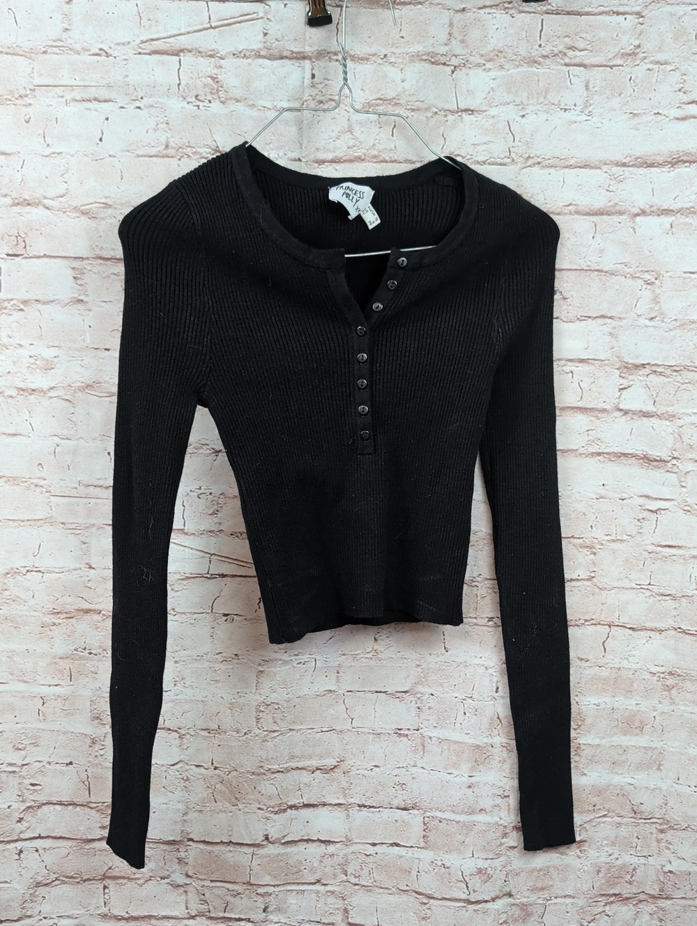 Princess Polly Black Ribbed Henley Sweater Size 6